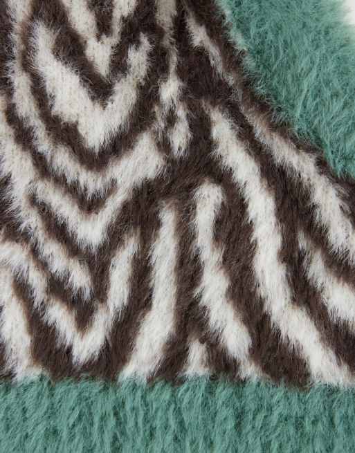 ASOS DESIGN knitted hood in zebra with teal contrast edge, 2 of 3