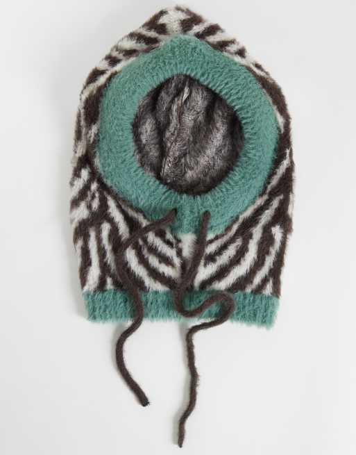 ASOS DESIGN knitted hood in zebra with teal contrast edge, 3 of 3