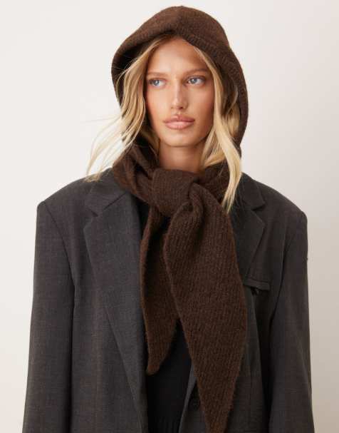 ASOS DESIGN knitted hood scarf in chocolate - view 1