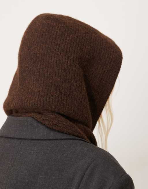 ASOS DESIGN knit hood scarf in chocolate