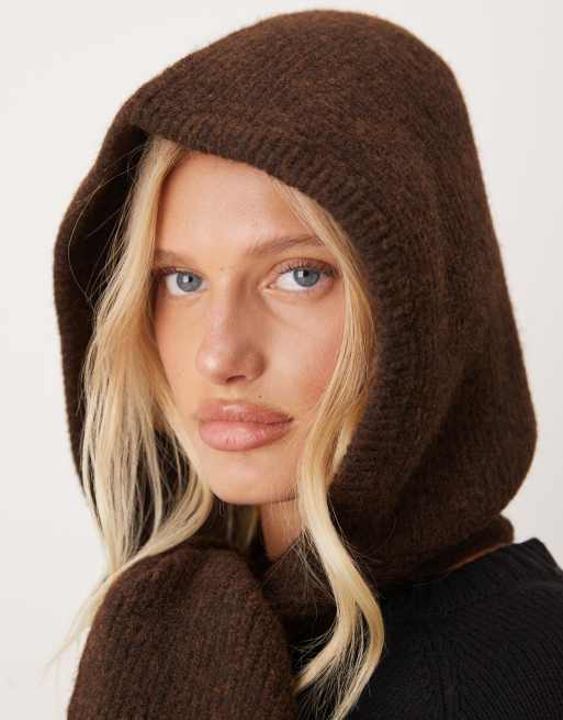 ASOS DESIGN knit hood scarf in chocolate