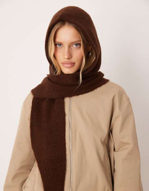 ASOS DESIGN knitted hooded scarf in chocolate - view 1