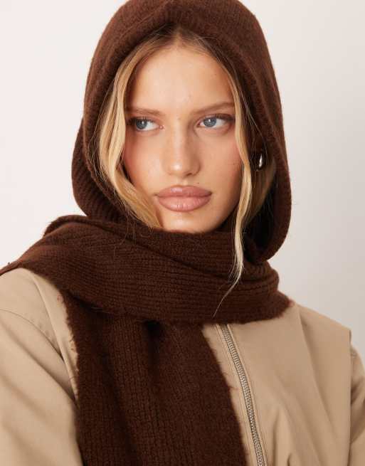 ASOS DESIGN knit hooded scarf in chocolate
