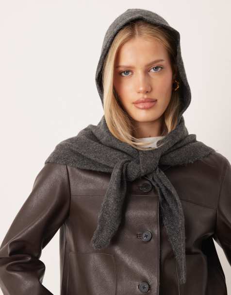 ASOS DESIGN knitted hooded triangle scarf in grey - view 1