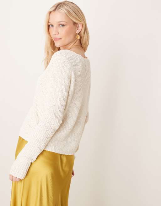 ASOS DESIGN knitted hook and eye split front cardigan in textured yarn in cream