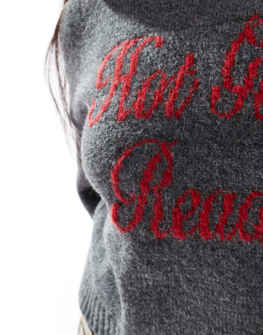 ASOS DESIGN knitted hot girls read slogan jumper in charcoal, 2 of 4