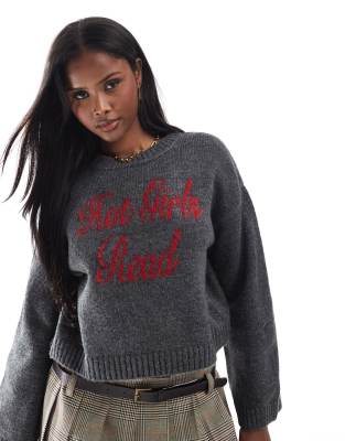 ASOS DESIGN KNITTED HOT GIRLS READ SLOGAN SWEATER IN CHARCOAL-GRAY