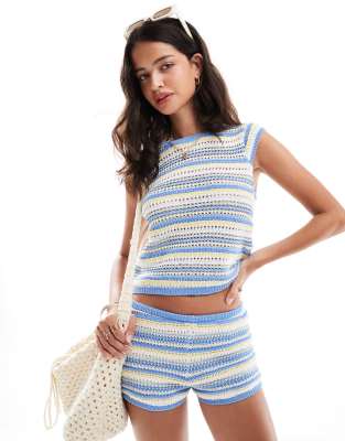 ASOS DESIGN knitted hot pant co ord in blue stripe-Multi