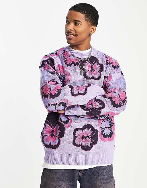 ASOS DESIGN knitted jacquard knit sweater with pansy design in lilac