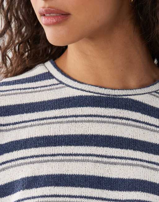 ASOS DESIGN knitted jersey extreme cropped top co-ord in blue and cream stripe , 3 of 4