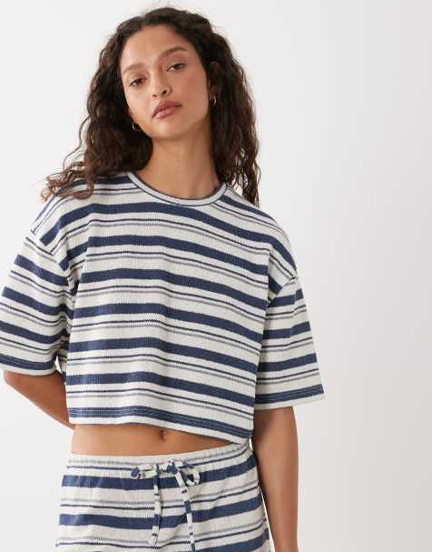 ASOS DESIGN knitted jersey extreme cropped top in blue and cream stripe (part of a set) - view 1