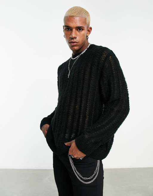 ASOS DESIGN knitted jumper in black with all over distressing