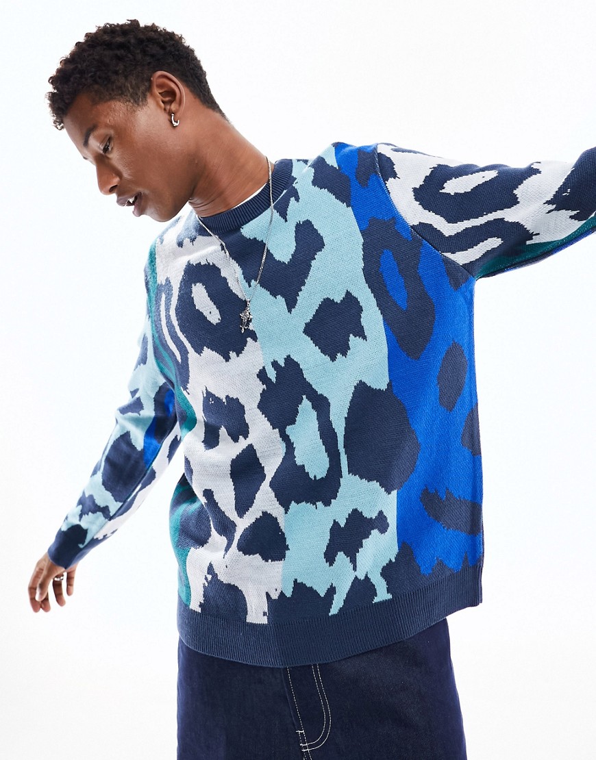 ASOS DESIGN knitted jumper in blue animal design