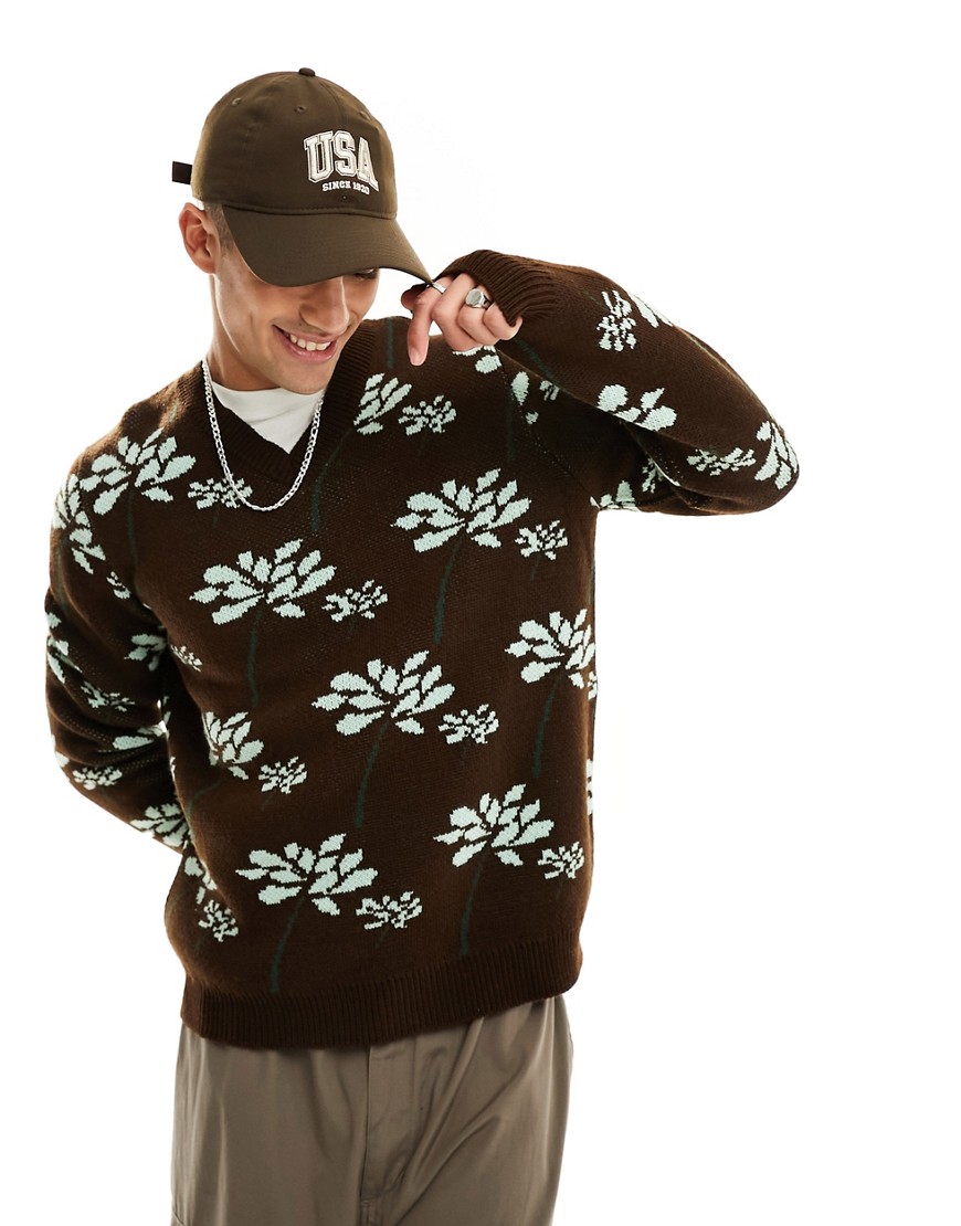 ASOS DESIGN knitted jumper in brown with floral pattern