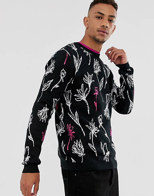 ASOS DESIGN knitted jumper in handdrawn floral design in black