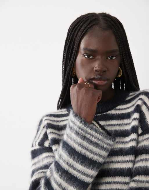 ASOS DESIGN knitted jumper in navy brushed stripe, 2 of 4
