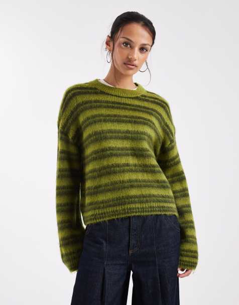 ASOS DESIGN knitted jumper in olive brushed stripe - view 1