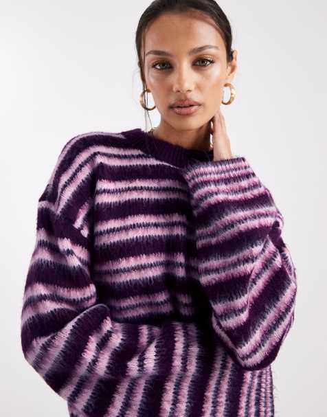 ASOS DESIGN knitted jumper in plum brushed stripe