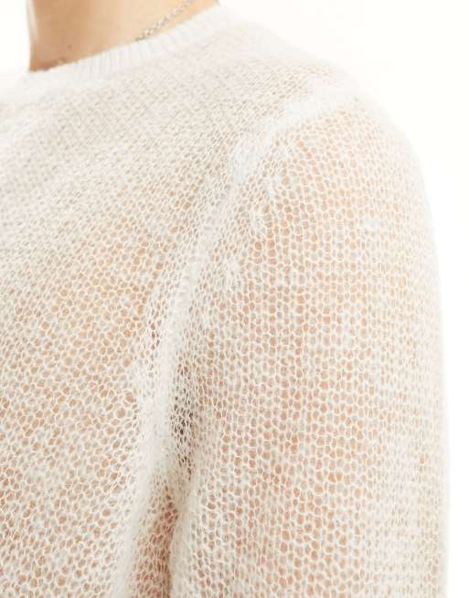 ASOS DESIGN knitted jumper in sheer texture in white, 2 of 4