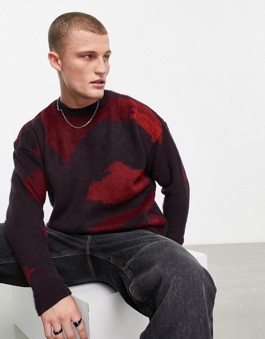 ASOS DESIGN knitted jumper in swirl print in brown and red-Black