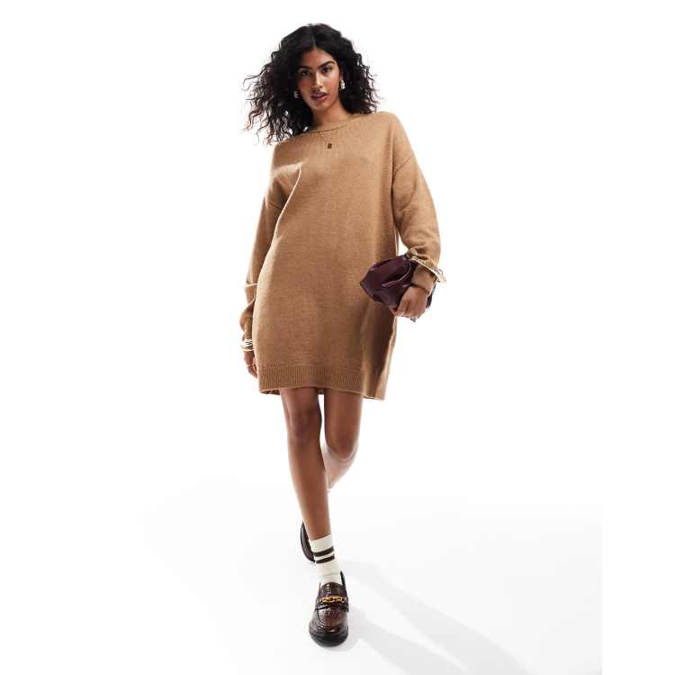 ASOS DESIGN knitted jumper mini dress with crew neck in camel