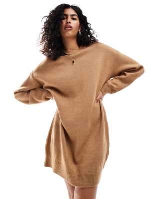 ASOS DESIGN knitted jumper mini dress with crew neck in camel