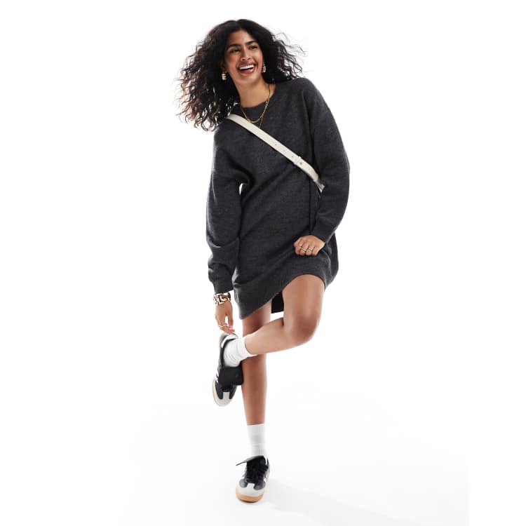 ASOS DESIGN knitted jumper mini dress with crew neck in charcoal