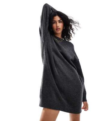 ASOS DESIGN knitted jumper mini dress with crew neck in charcoal