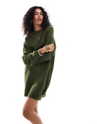 ASOS DESIGN knitted jumper mini dress with crew neck in khaki