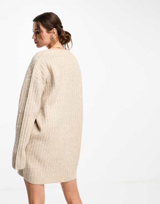 ASOS DESIGN knitted jumper mini dress with v neck in oatmeal, 2 of 4