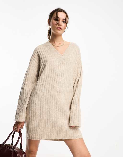 ASOS DESIGN knitted jumper mini dress with v neck in oatmeal