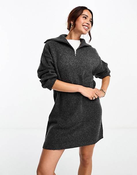ASOS DESIGN knitted jumper mini dress with zip neck in charcoal