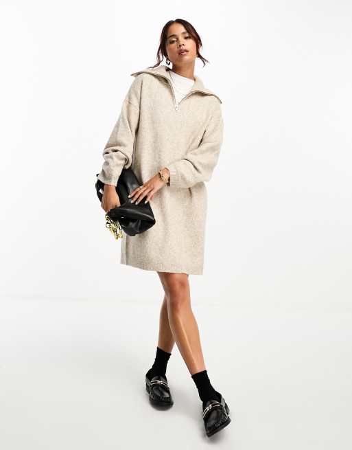 ASOS DESIGN knitted jumper mini dress with zip neck in oatmeal, 2 of 4