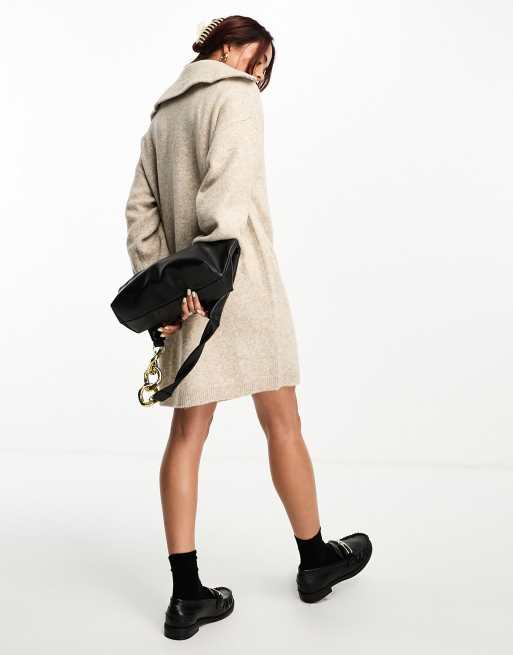 ASOS DESIGN knitted jumper mini dress with zip neck in oatmeal, 3 of 4