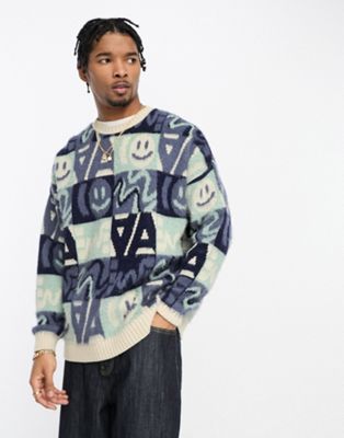 ASOS DESIGN knitted brushed jumper with all over print in blue