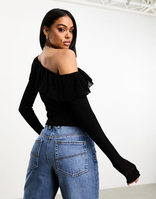 ASOS DESIGN knitted jumper with asymmetric frill detail in black | ASOS