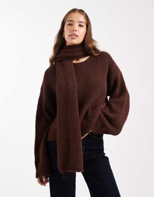asos-design-knitted-jumper-with-attached-scarf-with-wool-in-brown-asos
