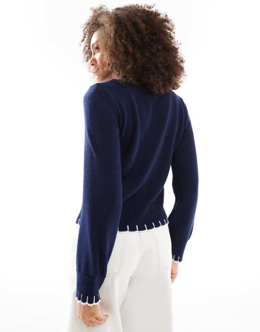 ASOS DESIGN knitted jumper with blanket stitch detail in navy