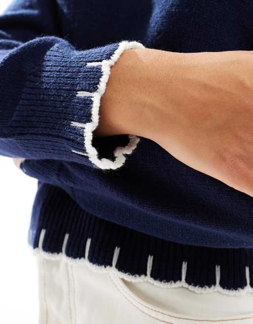 ASOS DESIGN knitted jumper with blanket stitch detail in navy