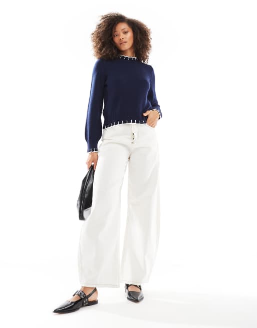 ASOS DESIGN knitted jumper with blanket stitch detail in navy