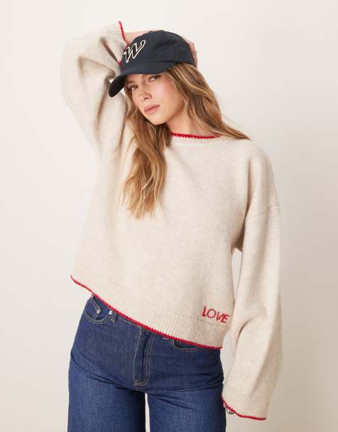 ASOS DESIGN knitted jumper with contrast blanket stitch and embroidery in ecru