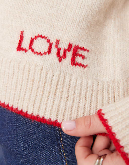 ASOS DESIGN knitted jumper with contrast blanket stitch and embroidery in ecru, 2 of 4