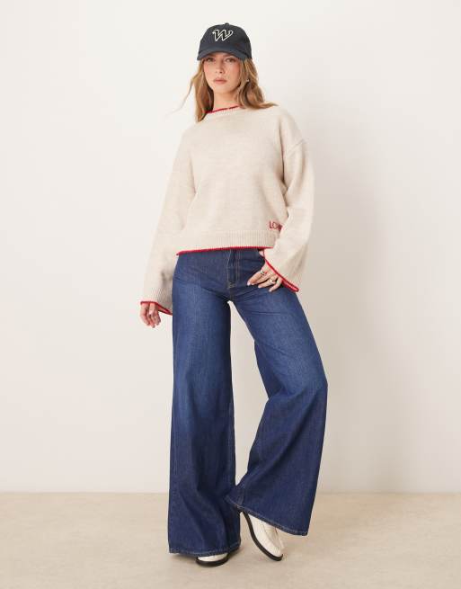 ASOS DESIGN knitted jumper with contrast blanket stitch and embroidery in ecru, 4 of 4