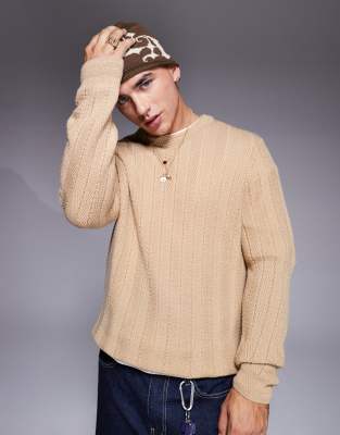 ASOS DESIGN ASOS DESIGN knitted jumper with contrast rib in stone-Neutral