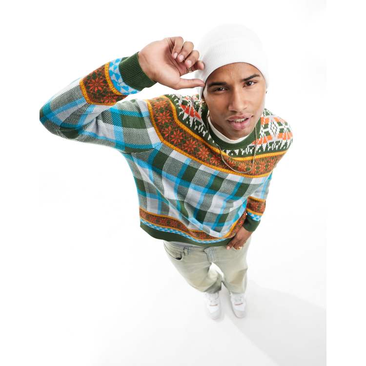 ASOS DESIGN knitted jumper with fair isle and check design in green | ASOS