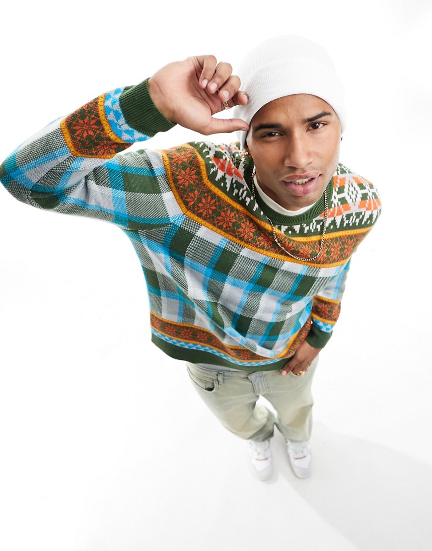ASOS DESIGN knitted jumper with fairisle and check design in green