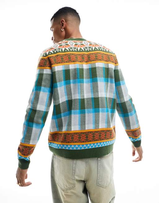 ASOS DESIGN knitted jumper with fairisle and check design in green