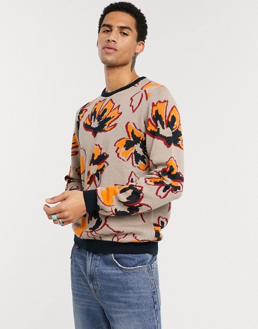 ASOS DESIGN knitted jumper with floral design in oatmeal