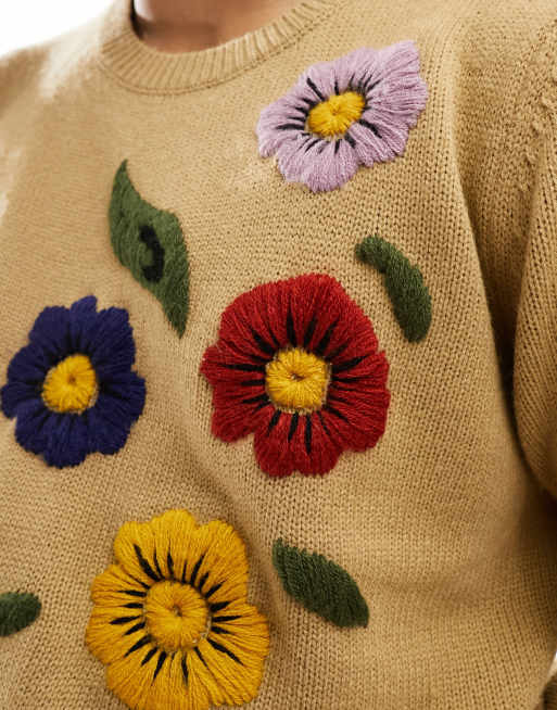 ASOS DESIGN knitted jumper with floral hand embroidery in tan ASOS