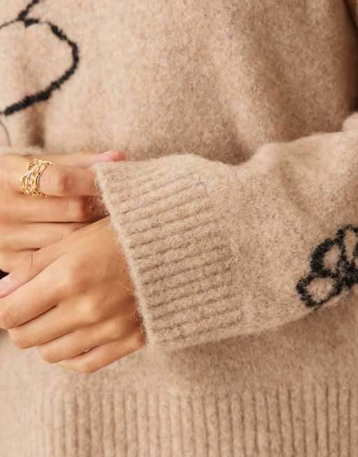 ASOS DESIGN knitted jumper with floral intarsia in burgundy, 3 of 4